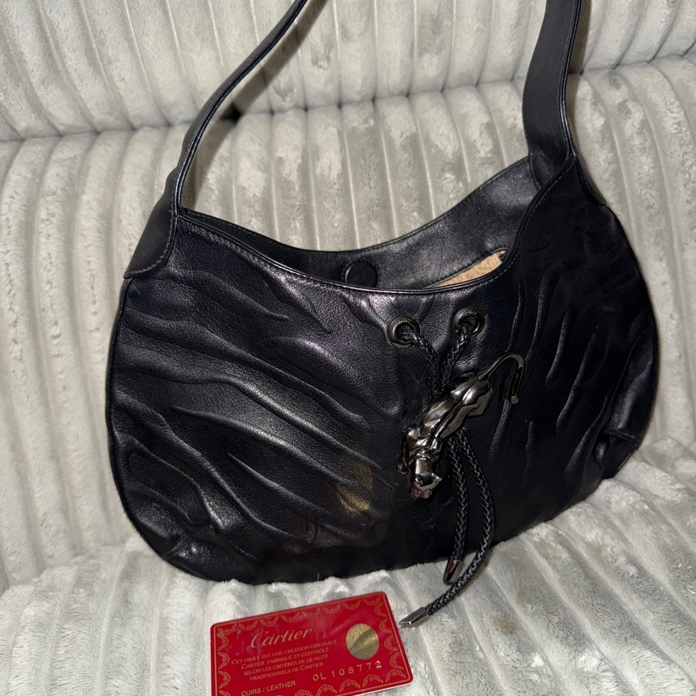 Authentic Cartier Black Panther Leather Shoulder Bag